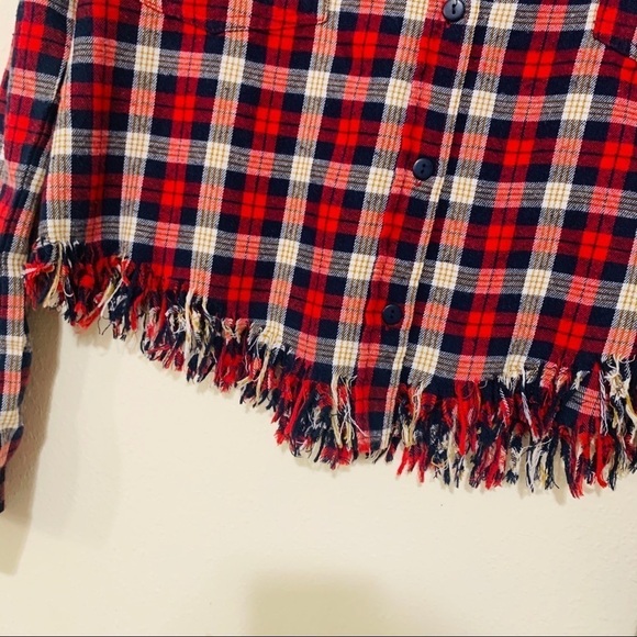 FOREVER 21 fringe flannel red plaid shirt women's size L - Picture 4 of 10